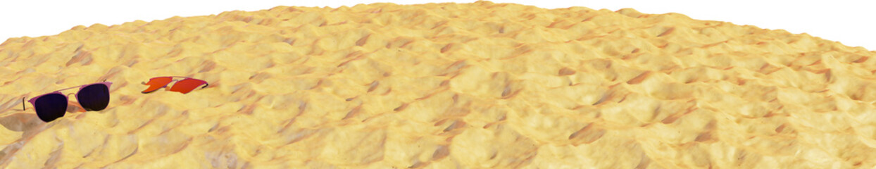 Sandy beach and sunglasses, 3d render. Beach on the island. Concept of summer holidays. Transparent background, PNG file