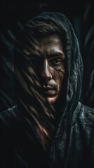 Surreal and haunting portrait of a person facing their inner demons, set against a dark and eerie dreamscape