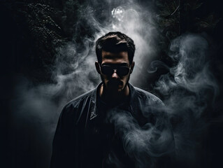 Surreal and haunting portrait of a person facing their inner demons, set against a dark and eerie dreamscape