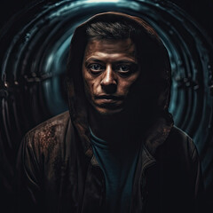 Surreal and haunting portrait of a person facing their inner demons, set against a dark and eerie dreamscape