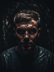 Surreal and haunting portrait of a person facing their inner demons, set against a dark and eerie dreamscape