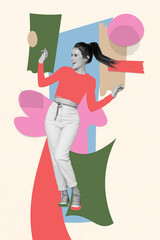 Vertical collage image of satisfied carefree black white gamma girl dancing isolated on creative white background