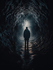 Surreal and haunting portrait of a person facing their inner demons, set against a dark and eerie dreamscape