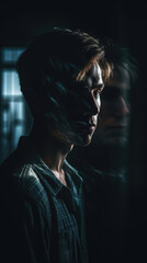 Surreal and haunting portrait of a person facing their inner demons, set against a dark and eerie dreamscape