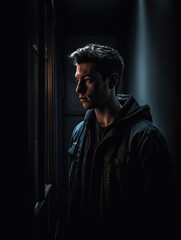 Surreal and haunting portrait of a person facing their inner demons, set against a dark and eerie dreamscape