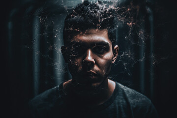 Surreal and haunting portrait of a person facing their inner demons, set against a dark and eerie dreamscape