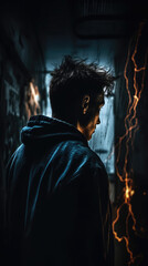 Surreal and haunting portrait of a person facing their inner demons, set against a dark and eerie dreamscape