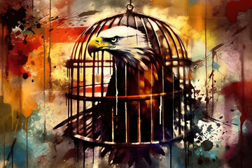 An abstract illustration of an eagle inside of a bird cage. Freedom concept. Created with Generative AI.