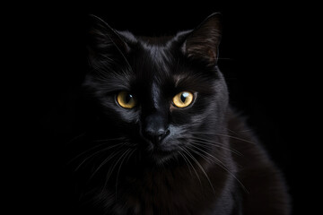 A portrait of a black cat with yellow eyes on a black background. Created with Generative AI.