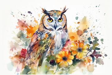 Watercolor painting of a beautiful owl in a colorful flower field. Ideal for art print, greeting card, springtime concepts etc. Made with generative AI. 