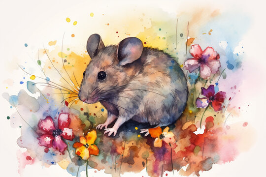 Watercolor painting of a beautiful mouse in a colorful flower field. Ideal for art print, greeting card, springtime concepts etc. Made with generative AI.
