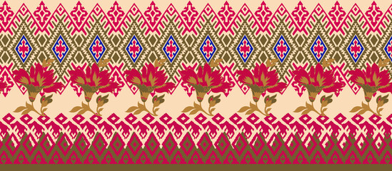 Seamless pattern design with traditional Palestinian embroidery motif. Ikat ethnic seamless pattern home decoration design. Aztec fabric carpet boho mandalas textile decor wallpaper.