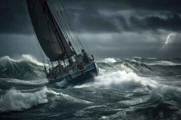 Sailboat in a heavy storm between big waves. Composite with different elements made with generative AI