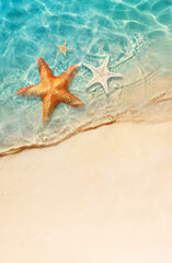 Fototapeta na wymiar Starfish on the sand beach in clear sea water. Summer background. Summer time .Copy space. Relaxing on the beach.