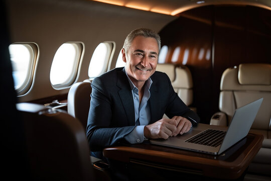 Handsome smiling businessman in suit looking at camera in private plane. Generative AI.