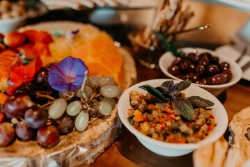 Festive table featuring an array of colorful treats and snacks arranged on a decorated table