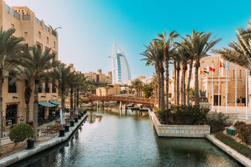 View of hotel Burj Al Arab from Madinat Jumeirah. Madinat Jumeirah the Arabian Resort - Dubai is a...