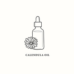 Line art calendula essential oil bottle - obrazy, fototapety, plakaty