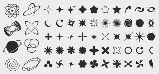 Set of brutalist abstract geometric shapes, bauhaus memphis geometric elements. Trendy minimalist basic figures, stars, lines, flowers, circles in black and white colors.