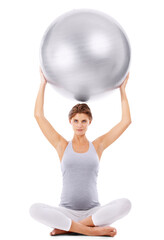 Pregnant woman, portrait and exercise ball isolated on a transparent png background. Fitness, pilates and wellness of female in pregnancy workout for healthy maternity, yoga training and fit body