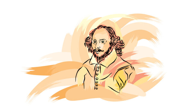 A line artwork of William Shakespeare on colorful artistic brushstrokes - Powered by Adobe