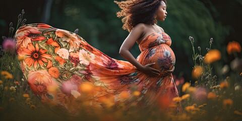 Elegant dramatic pregnant woman dancing  with a flowing dress in a field of flowers backlighting - Generative AI 