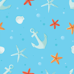 Colorful seamless aquatic pattern with hand drawn underwater elements such as starfish, seashells and anchor on blue background. Fashion print design, vector illustration