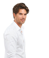 Portrait, shirt and man model standing isolated on a transparent png background. Fashion or style...