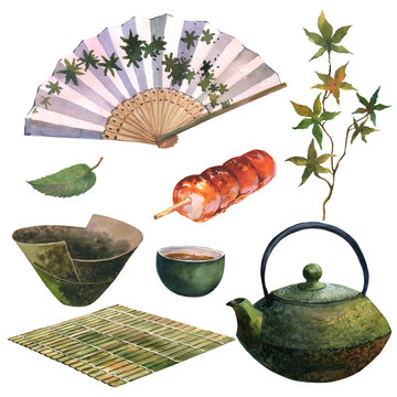Watercolor asian tea set with dack green teapot, green cup of tea, dongo and Japan fan, isolate on white background. Tea composition for your design