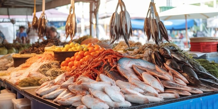 A fish market displaying a diverse array of fresh seafood, contrasted against a vibrant, bustling background, concept of Marketplace culture, created with Generative AI technology