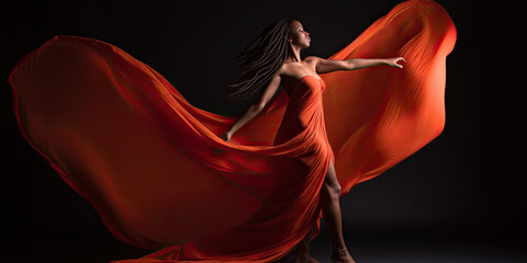 Elegant dramatic woman dancer with a flowing dress backlighting - Generative AI 