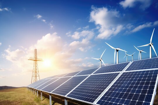 energy company, showcasing its sustainable energy solutions with solar panels and wind turbines, created with generative ai