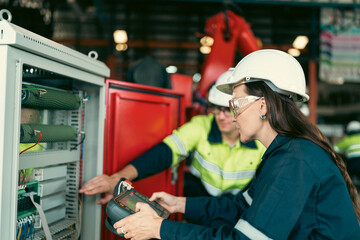 Professional engineer holding robot controller checking and repairing automatic robotic machine at...