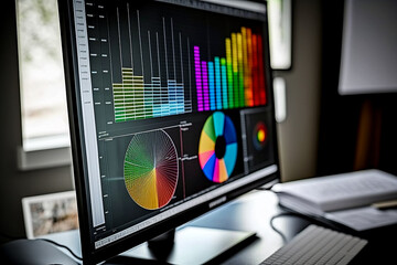 Financial charts and graphs on the computer monitor. Workplace broker. Generative AI