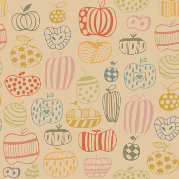 Apple seamless pattern 60s style. Doodle apple fruit isolated on white background. Abstract image of a fruit. Vector illustration