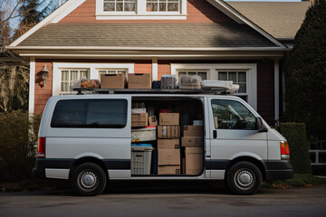 Open cargo van with cardboard boxes, moving into new house. Mover company service. Created with Generative AI