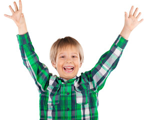 Funny boy with his hands up isolated on white