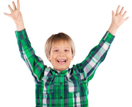 Funny boy with his hands up isolated on white