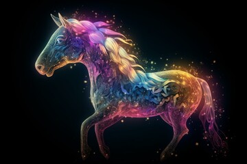 Obraz na płótnie Canvas A iridescent fairy tale unicorn with rainbow colored neon lights, wild metal, lustrous and pearly animal. Magical, elegant, abstract animal. Illustration, Generative AI