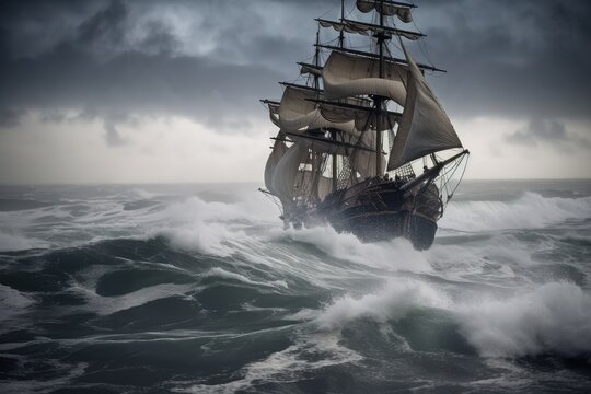 stormy sea with pirate ship, sails flapping in the wind, created with generative ai © primopiano