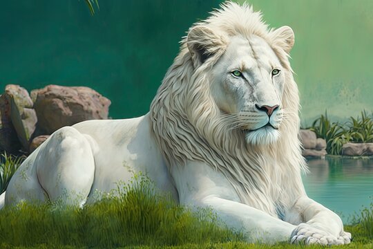 A painting of a white lion laying in the grass created with Generative AI technology