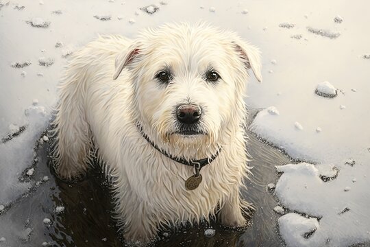 A white dog standing in a puddle of water created with Generative AI technology