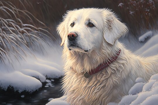 A painting of a white dog in the snow created with Generative AI technology