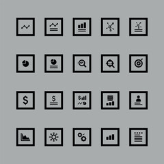 set of black analytics icons. Vector on gray background
