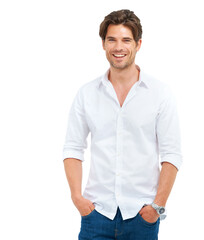 Handsome, young and man with casual fashion, apparel and luxury classy white shirt and jeans. Natural happy male and portrait of model with trendy clothes isolated on a transparent png background