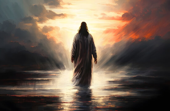 Back view Jesus Christ walking on water with sun light. Biblical Series. Generation AI