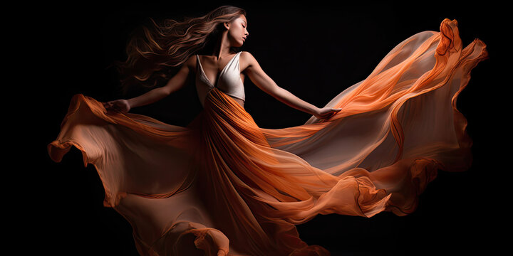 Elegant dramatic woman dancer with a flowing dress backlighting - Generative AI 