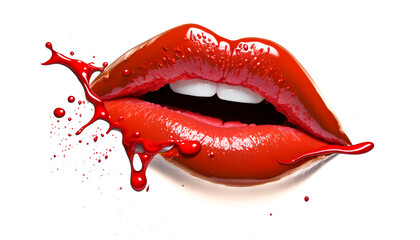 Woman lip set. Girl mouth close up with smudged red lipstick makeup isolated on white background. Generation AI