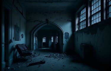 Fototapeta na wymiar building, old, abandoned, interior, light, corridor, room, dark, house, dirty, ancient, shadow, aged, terror, creepy, psychiatric, hospital, asylum