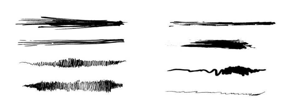 Full Vector Realistic Brush Paint Black Lines. Artist abstract highlighter, selection, pointing grunge hand drawn elements. 